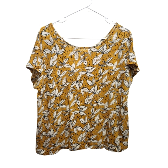 Rachel Zoe 100% Linen Mustard Yellow Leaf Print Top Size L Button Back Detail - Picture 1 of 5